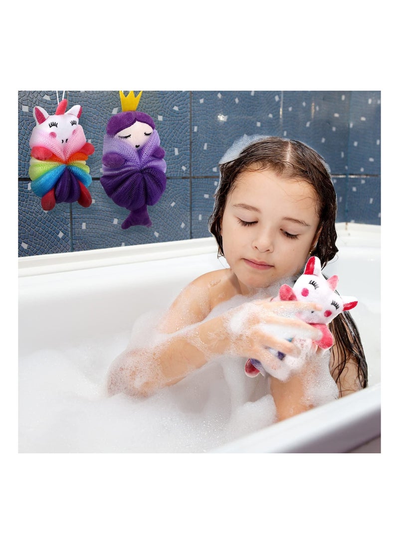 2 Pcs Bath Loofahs Kids Toddler Body Cute Cartoon Loofah Kid Sponges Pouf Scrubber Mesh for Children Shower Washing Exfoliating (Unicorn, Princess) - Image 4