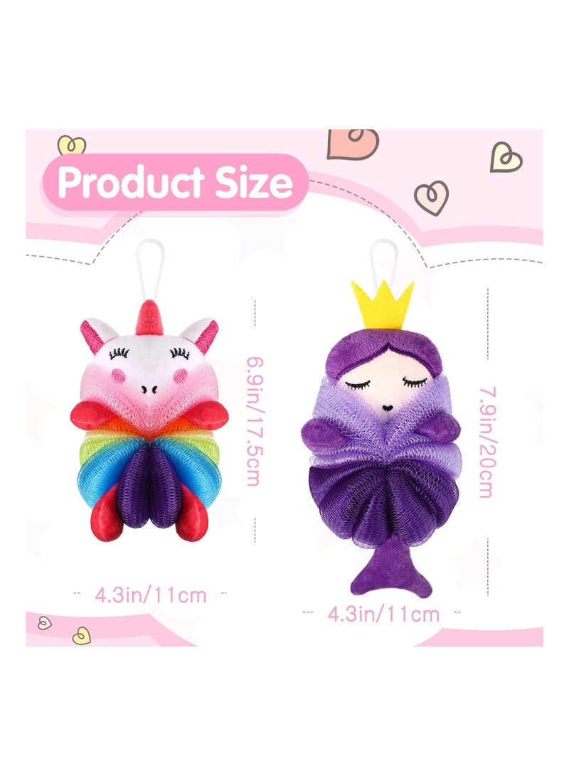 2 Pcs Bath Loofahs Kids Toddler Body Cute Cartoon Loofah Kid Sponges Pouf Scrubber Mesh for Children Shower Washing Exfoliating (Unicorn, Princess) - Image 2