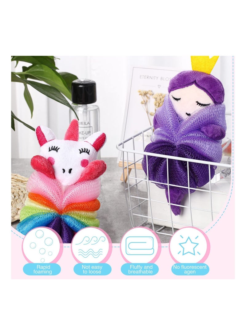 2 Pcs Bath Loofahs Kids Toddler Body Cute Cartoon Loofah Kid Sponges Pouf Scrubber Mesh for Children Shower Washing Exfoliating (Unicorn, Princess) - Image 5