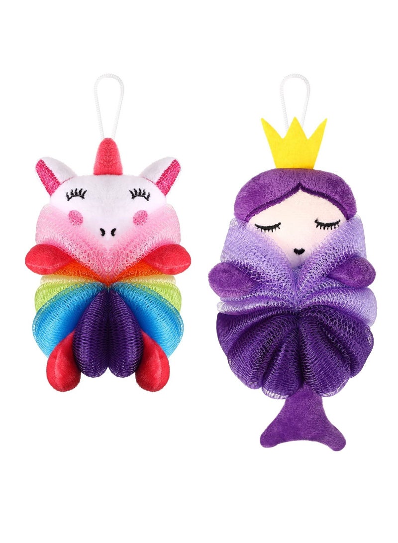 2 Pcs Bath Loofahs Kids Toddler Body Cute Cartoon Loofah Kid Sponges Pouf Scrubber Mesh for Children Shower Washing Exfoliating (Unicorn, Princess) - Image 1