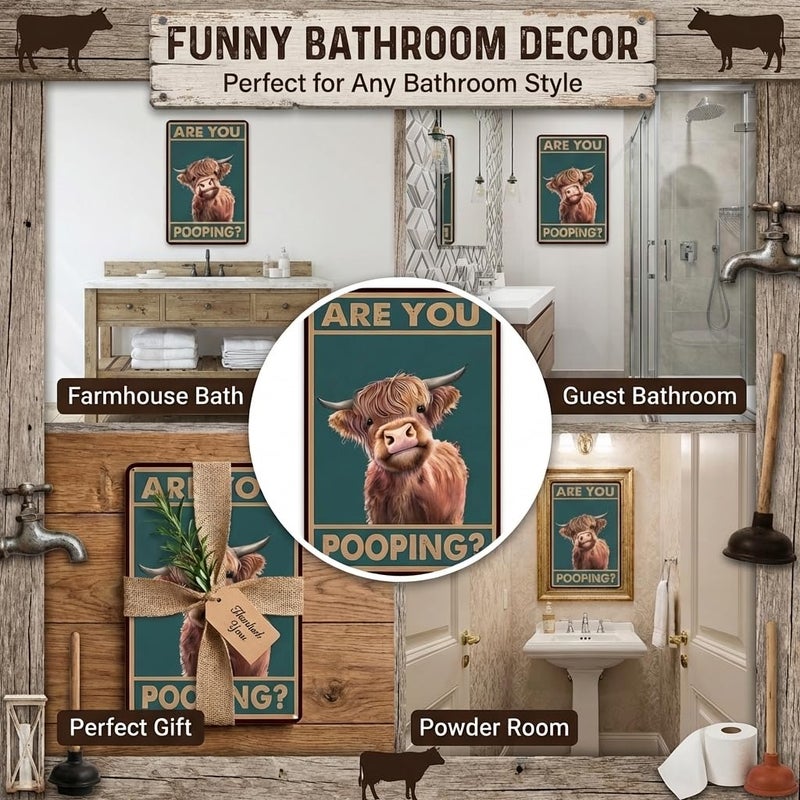 Crazysign Western & Highland Cow Gifts Funny Highland Cow Are You Pooping Vintage Tin Sign for Bathroom Toilet Decor 8 x 12 Inch (3039) - Image 3