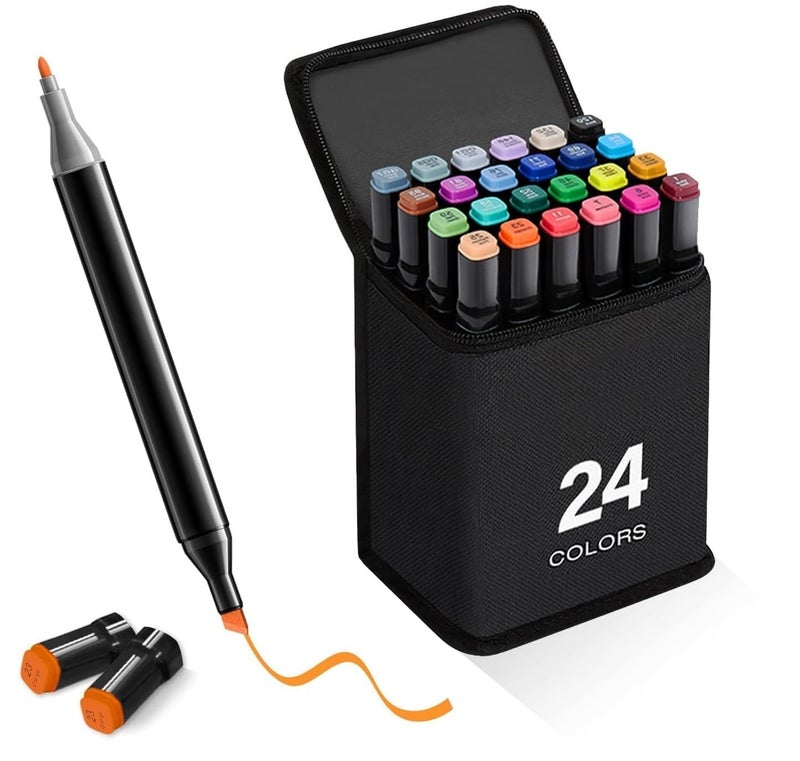 CKPS Dual Tip Colourful Art Markers Sketch Pens Colours With Carrying Case For Painting Sketching Calligraphy Drawing Non Toxic Twin Head Permanent Colouring Markers For Kids Adult (24 PC) - Image 1