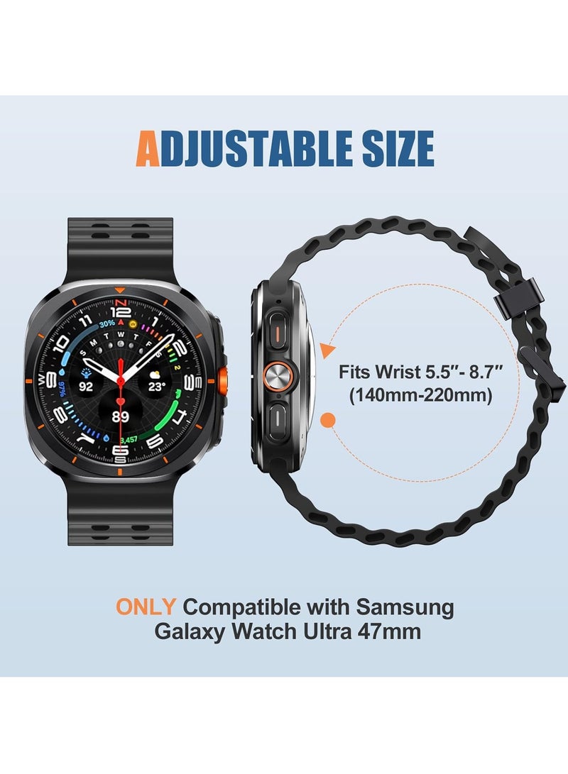 Silicone Strap Compatible with Samsung Galaxy Watch 7 Ultra 47mm,Rugged Ocean Wristband Breathable Silicone Sport Strap Waterproof for Galaxy Watch Ultra,Black - Image 4