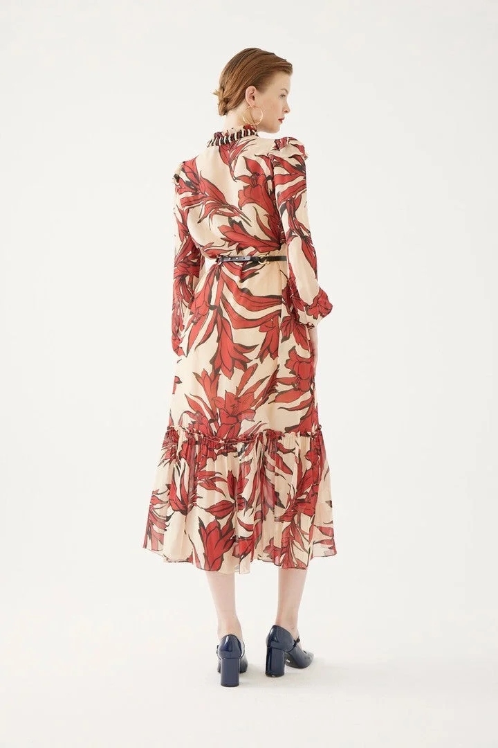 EXQUISE Floral Patterned Dress with Neckline Tie Detail