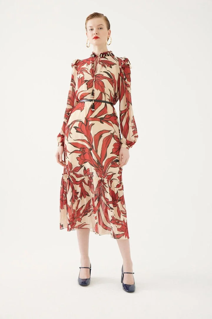 EXQUISE Floral Patterned Dress with Neckline Tie Detail