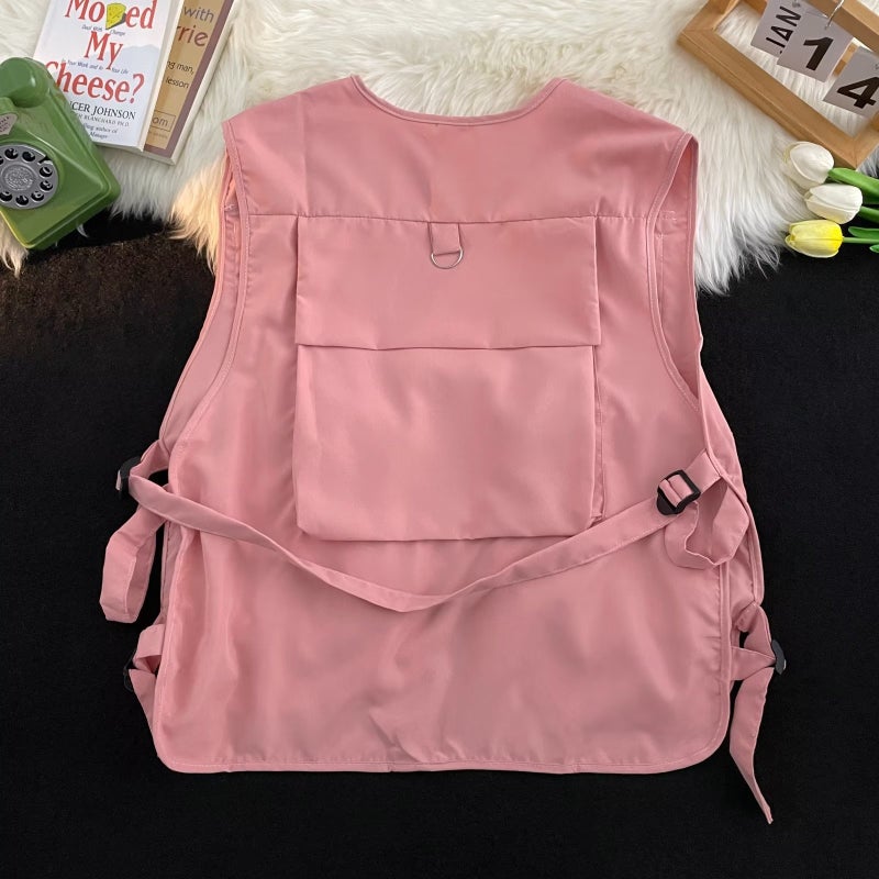 2023 New Style Tooling Cool Personality Element Design Short Vest Mens and Womens Vest Couples Fashionable Jacket Pink - Image 5