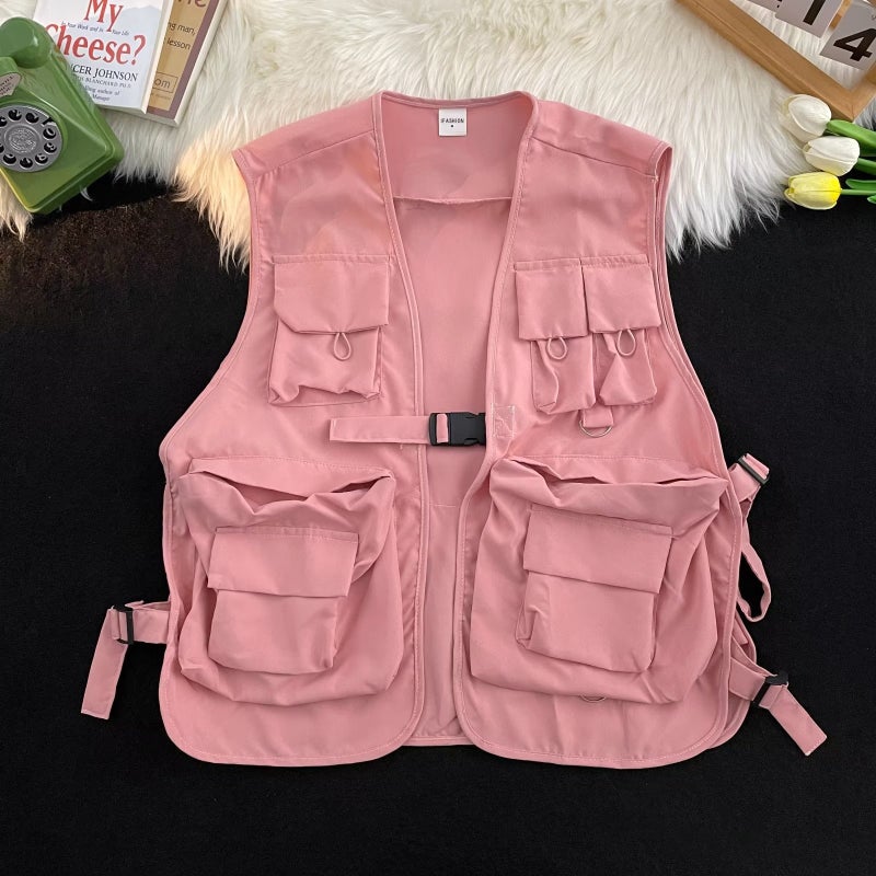 2023 New Style Tooling Cool Personality Element Design Short Vest Mens and Womens Vest Couples Fashionable Jacket Pink - Image 3