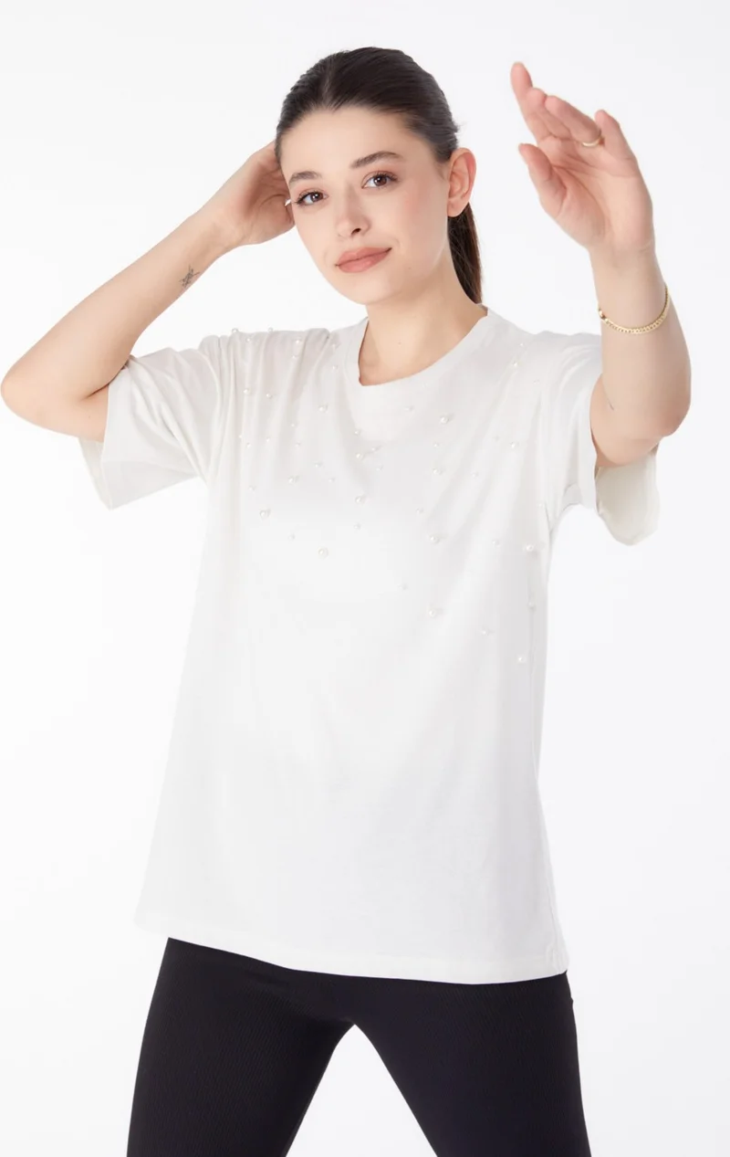 Tofisa Plain Crew Neck Women's Ecru Pearl Detailed T-Shirt - 25473
