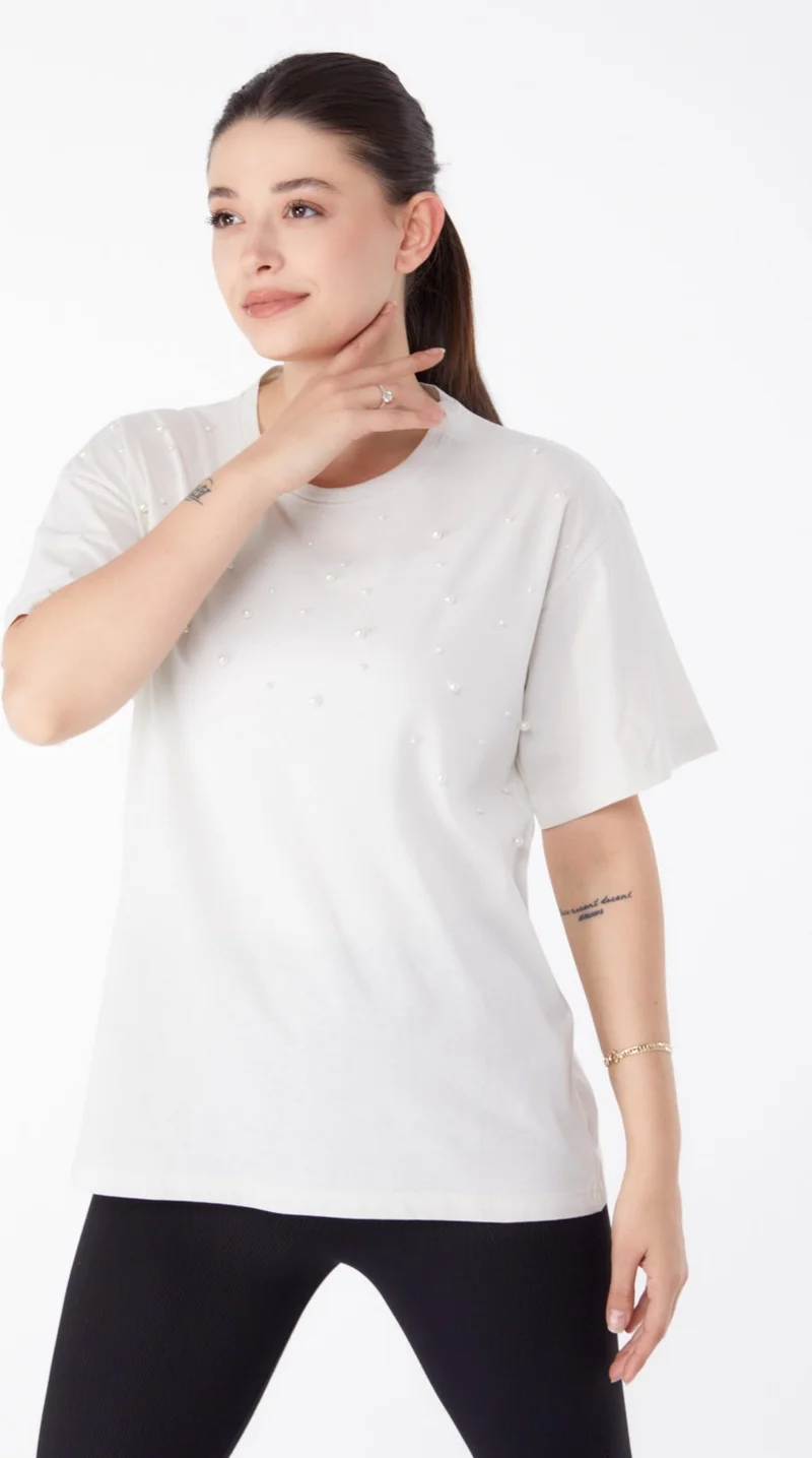 Tofisa Plain Crew Neck Women's Ecru Pearl Detailed T-Shirt - 25473