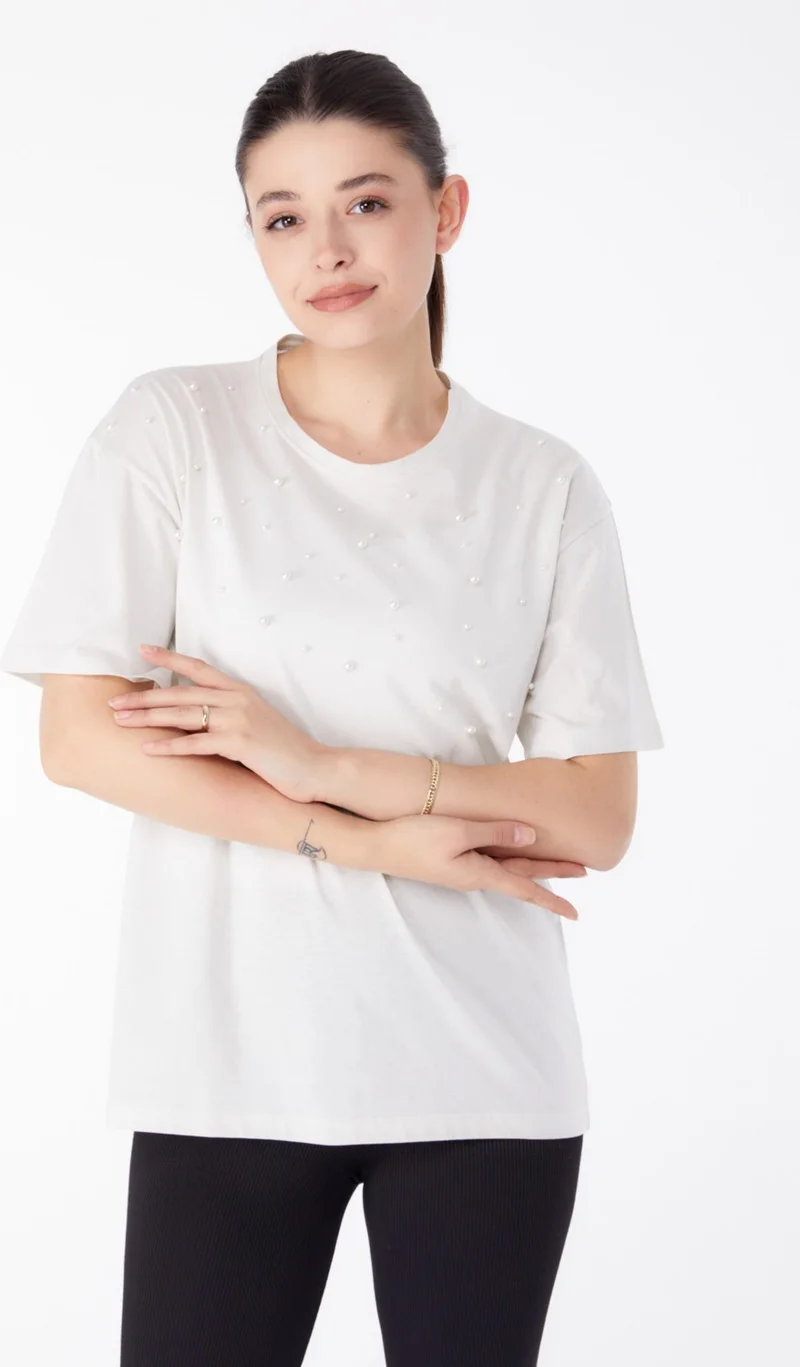 Tofisa Plain Crew Neck Women's Ecru Pearl Detailed T-Shirt - 25473