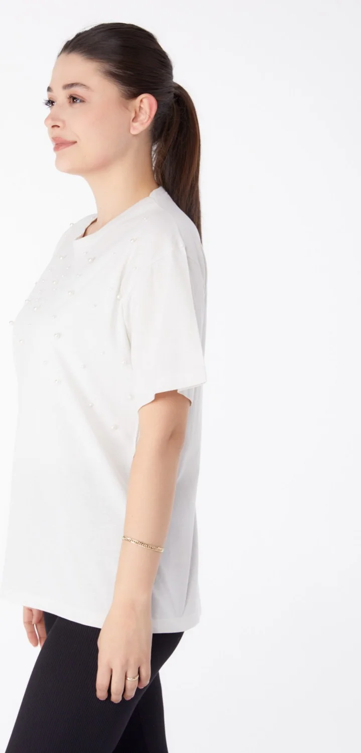 Tofisa Plain Crew Neck Women's Ecru Pearl Detailed T-Shirt - 25473