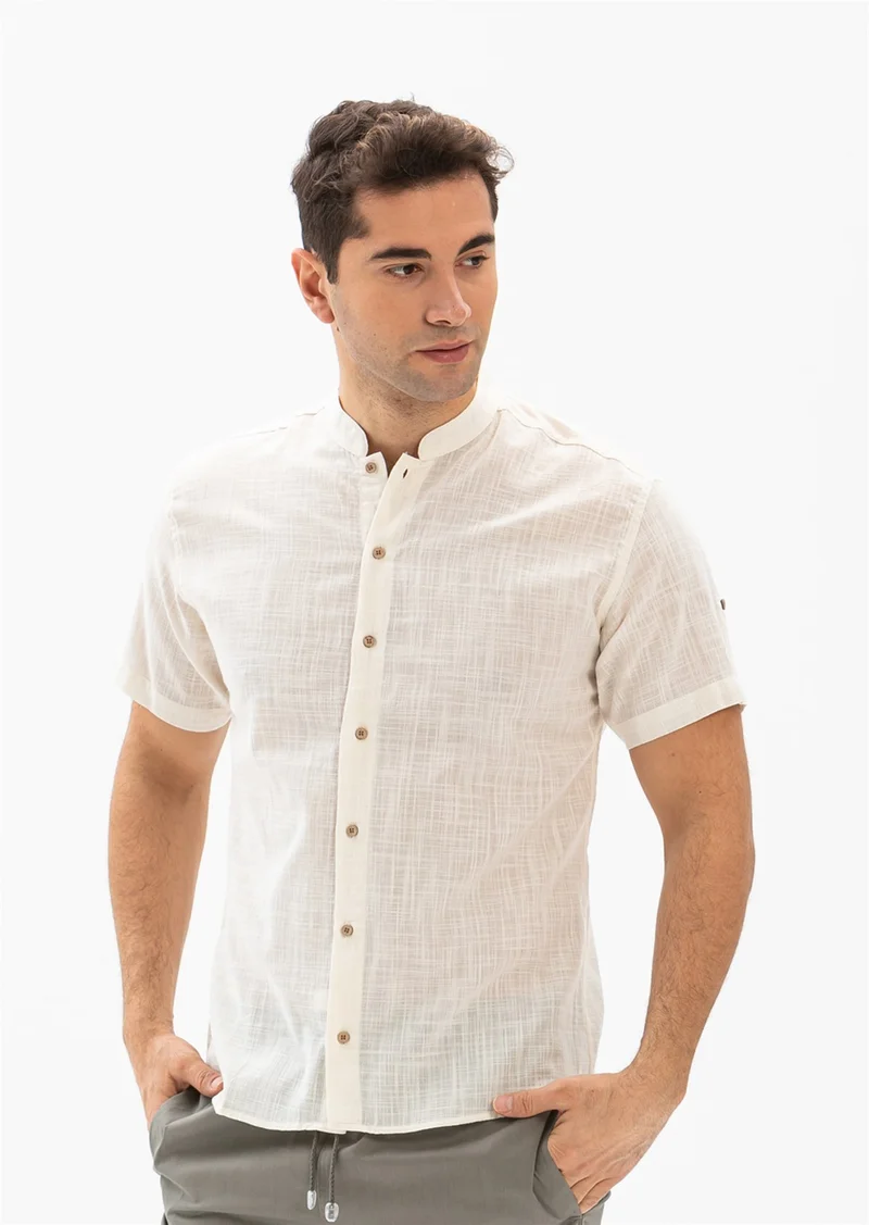 Akbeniz Short Sleeve Şile Cloth Bodrum Men's Shirt Cream 3002