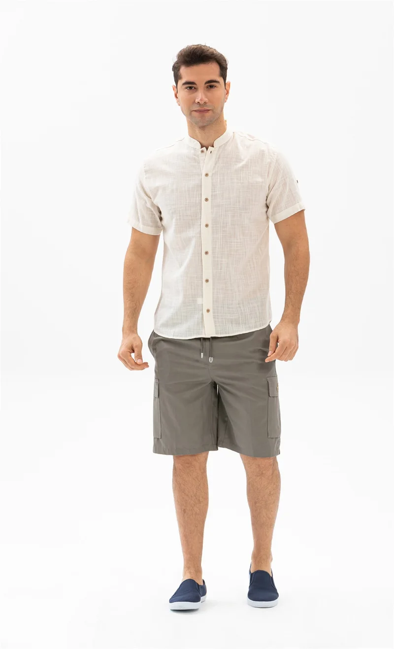 Akbeniz Short Sleeve Şile Cloth Bodrum Men's Shirt Cream 3002