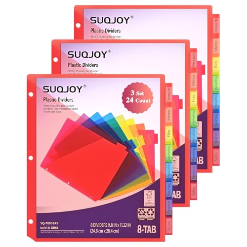 SUQJOY Binder Index Dividers with Tabs, 24 Count 3 Ring Binder Dividers with Pockets, 8 Tab Dividers for 3 Ring Binder, Plastic Sheet Protectors for US Letter Size, 8 Color Tab Dividers,3 Packs - Image 1
