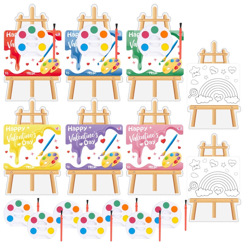 Golden Associate Valentines Day Cards Easel Cardboard for Kids School 24 Pcs, Mini Watercolor Paint Sets, Classroom Exchange Valentines Gifts Party Favors for Boys Girls - Image 1
