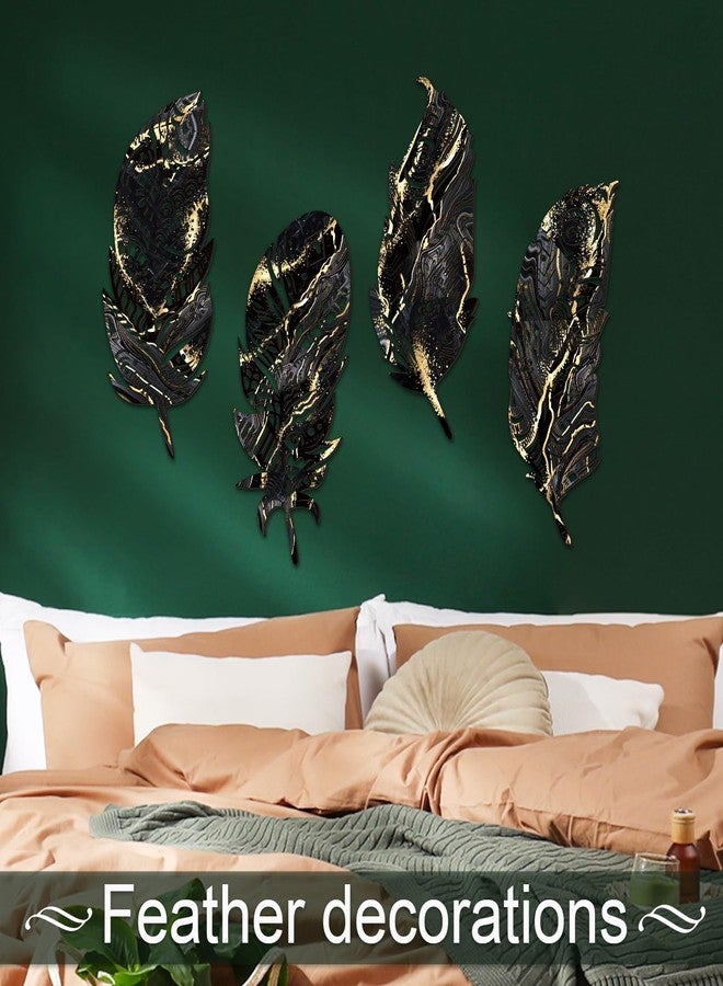 Qunclay 4 Pieces Feather Wall Decor Wooden Feather Wall Art Boho Wall Decor Laser Cut Hanging Mandala Large Rustic Farmhouse Wood Sign for Home Living Room Bedroom Bathroom Kitchen(Black, Gold) - Image 3