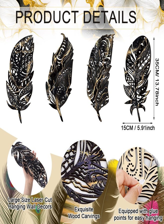 Qunclay 4 Pieces Feather Wall Decor Wooden Feather Wall Art Boho Wall Decor Laser Cut Hanging Mandala Large Rustic Farmhouse Wood Sign for Home Living Room Bedroom Bathroom Kitchen(Black, Gold) - Image 2