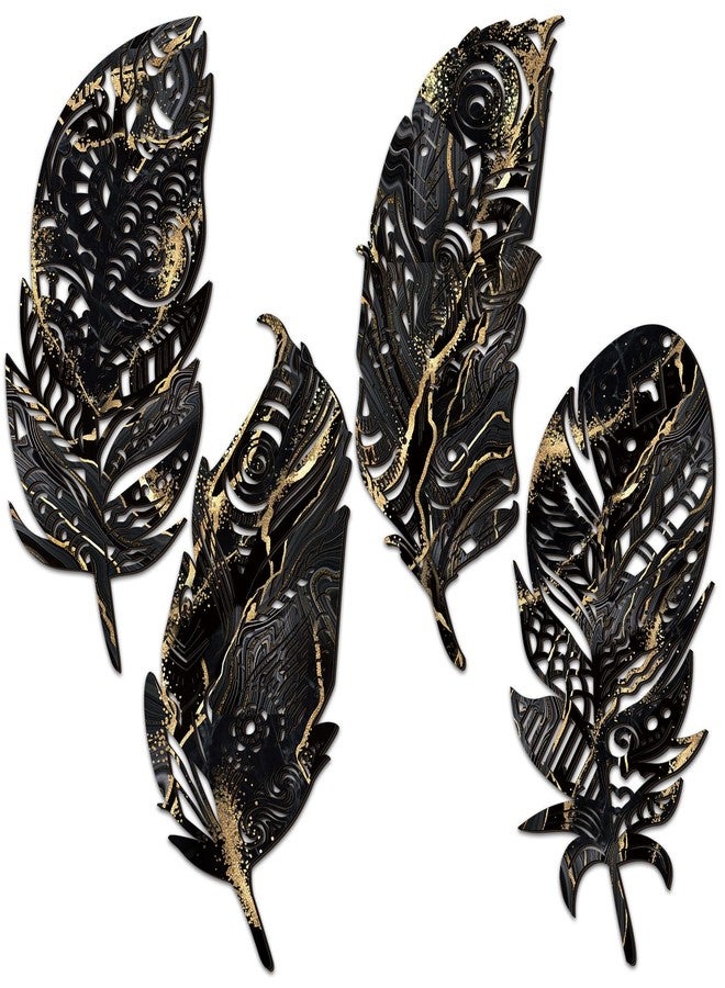 Qunclay 4 Pieces Feather Wall Decor Wooden Feather Wall Art Boho Wall Decor Laser Cut Hanging Mandala Large Rustic Farmhouse Wood Sign for Home Living Room Bedroom Bathroom Kitchen(Black, Gold) - Image 1