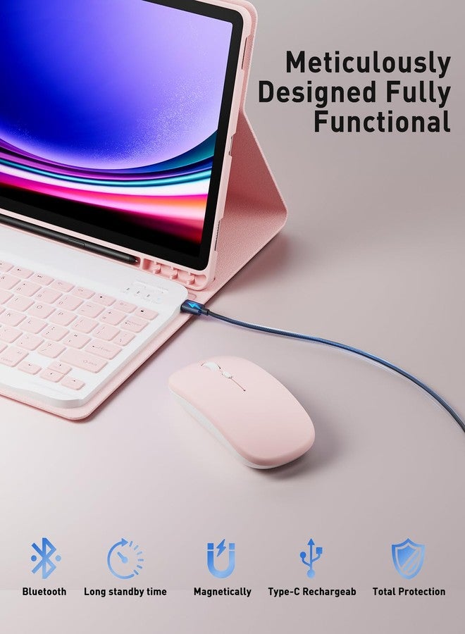 TUNKARMOR Case Keyboard for Samsung Galaxy Tab S9 FE / S9 / S8 / S7 10.9"/11" Built-in Pencil Holder with Mouse (Pink) - Image 3