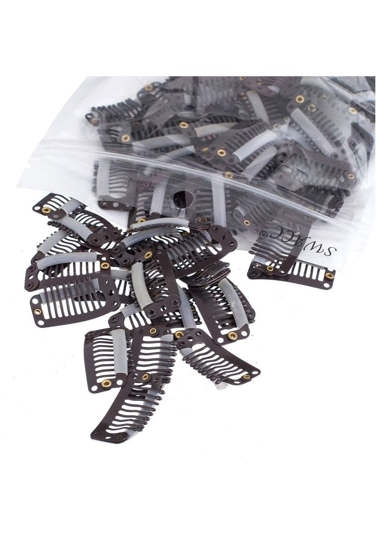 Estelle 100 Pcs U Shape Metallic Snap Clips ins for Hair Extension Hairpiece DIY Snap Comb Wig Clips with Rubber White 9 Teeth 6 Holes Brown - Image 1
