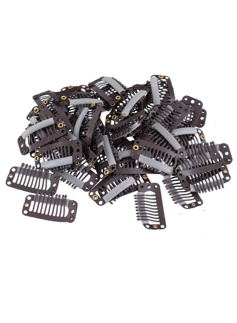 Estelle 100 Pcs U Shape Metallic Snap Clips ins for Hair Extension Hairpiece DIY Snap Comb Wig Clips with Rubber White 9 Teeth 6 Holes Brown - Image 3