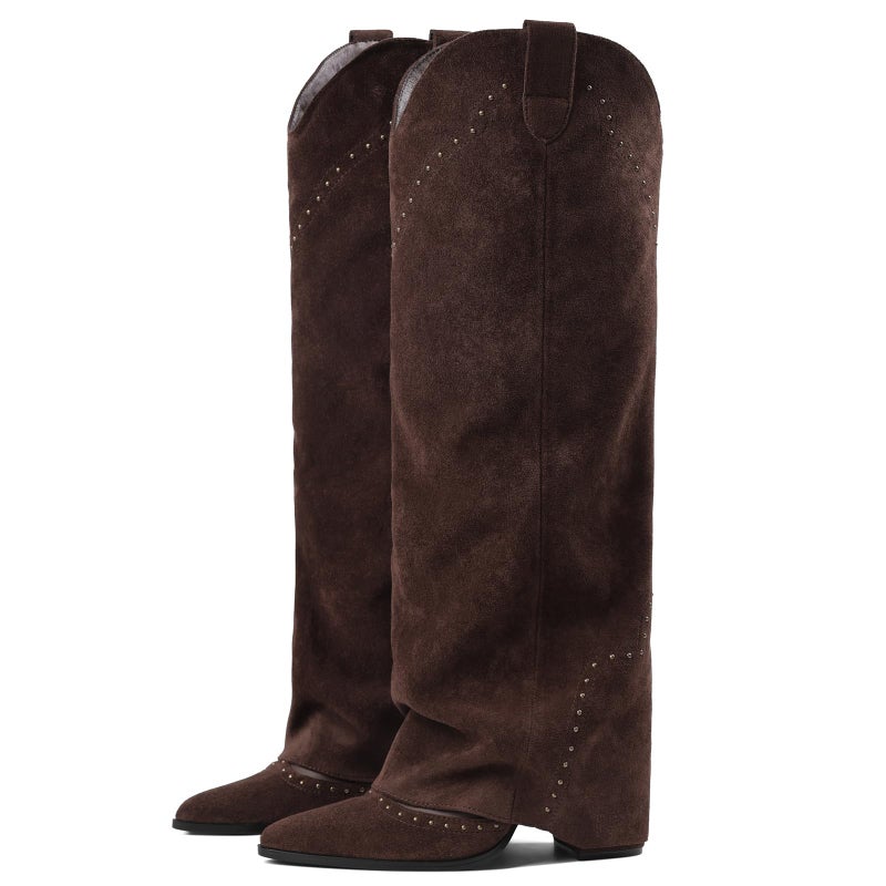 EQAUDES Fall Slouchy Knee High Boots for Women Fold Over Tall Cowgirl Boot - Studded, Snip Toe, Long, Fashion, Dress, Pull on, Faux Suede Boots - Image 1