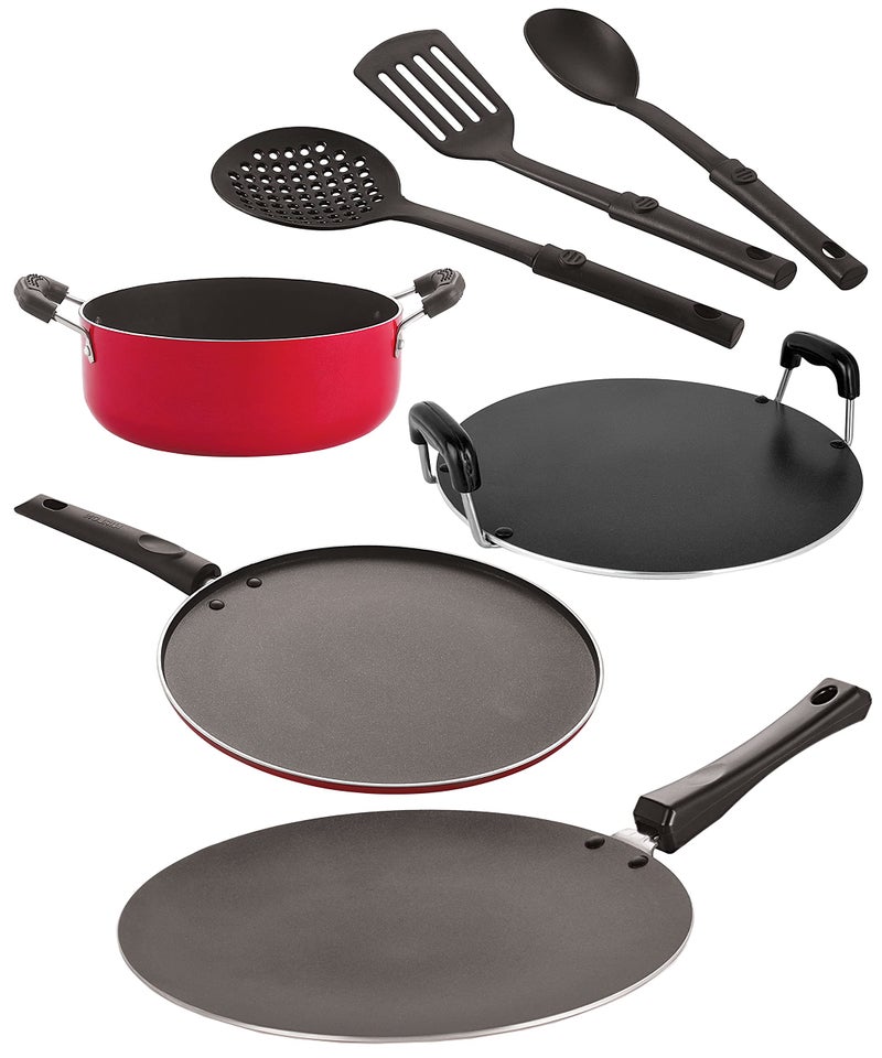 Nirlon Nonstick Coated Aluminium 7 Pcs Set of Concave Tawa-28.5cm,Round Tawa-28.5cm,Casserole-22cm,Smart Tawa-29cm & 3 Spoon (2.6mm_CT12_RT_Cass22_ST12_3SPN) - Image 1