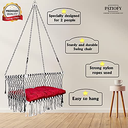 Patiofy Polyester Premium Large Double Seater Swing Chair/Hanging Hammock Swing Chair For 2 People/Jhula For Adults & Kids/ 2 Seater Swing For Balcony,Free Accessories & Cushion Included White-Black - Image 5