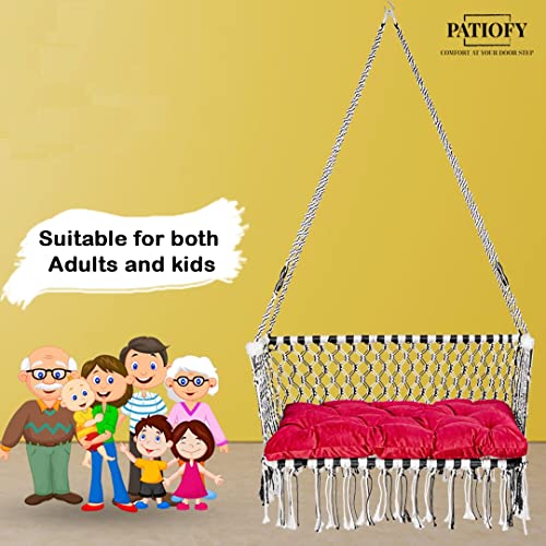 Patiofy Polyester Premium Large Double Seater Swing Chair/Hanging Hammock Swing Chair For 2 People/Jhula For Adults & Kids/ 2 Seater Swing For Balcony,Free Accessories & Cushion Included White-Black - Image 3