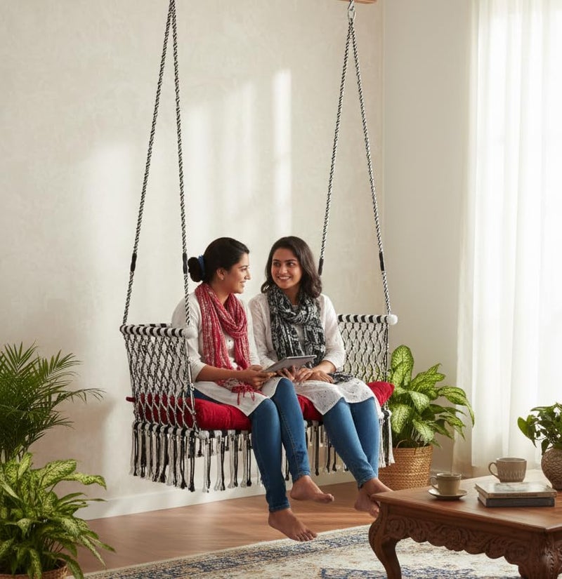 Patiofy Polyester Premium Large Double Seater Swing Chair/Hanging Hammock Swing Chair For 2 People/Jhula For Adults & Kids/ 2 Seater Swing For Balcony,Free Accessories & Cushion Included White-Black - Image 1