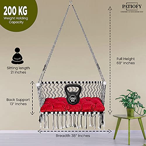 Patiofy Polyester Premium Large Double Seater Swing Chair/Hanging Hammock Swing Chair For 2 People/Jhula For Adults & Kids/ 2 Seater Swing For Balcony,Free Accessories & Cushion Included White-Black - Image 4
