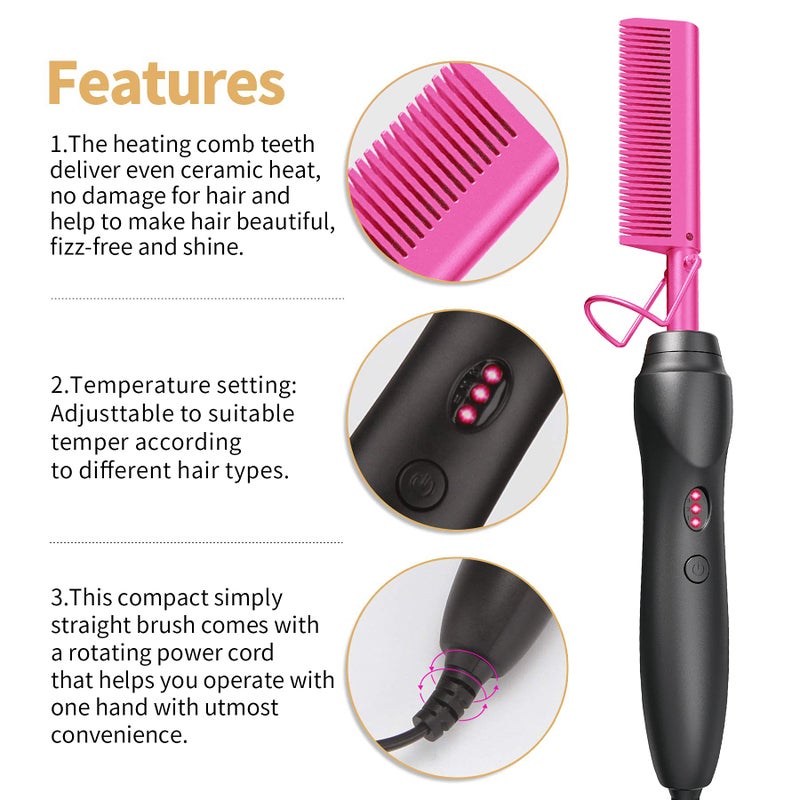 BudiGl Hot Comb Hair Straightener Pressing Combs - Ceramic Electric Straightening Comb for Natural Black Beard Wigs Holiday Gift- Pink - Image 3