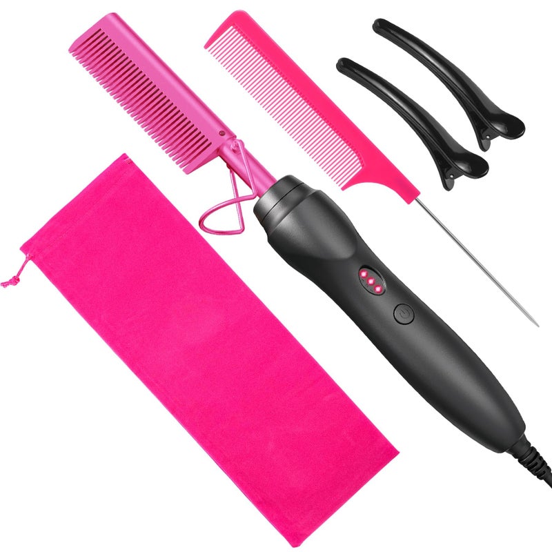 BudiGl Hot Comb Hair Straightener Pressing Combs - Ceramic Electric Straightening Comb for Natural Black Beard Wigs Holiday Gift- Pink - Image 1
