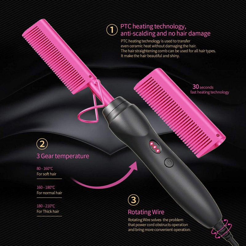BudiGl Hot Comb Hair Straightener Pressing Combs - Ceramic Electric Straightening Comb for Natural Black Beard Wigs Holiday Gift- Pink - Image 2
