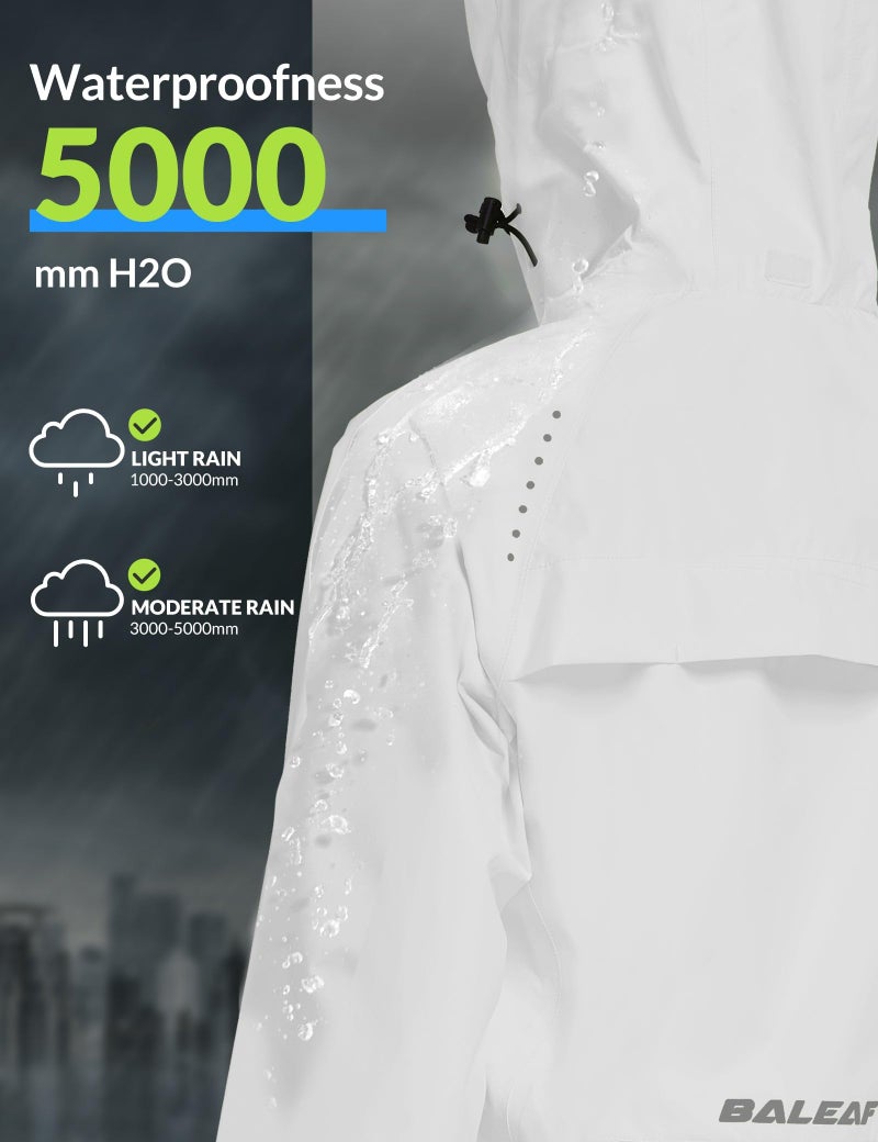 baleaf Women's Rain Jackets Waterproof Windbreaker Windproof Lightweight Running Cycling Jackets Reflective Packable Hooded White M - Image 4