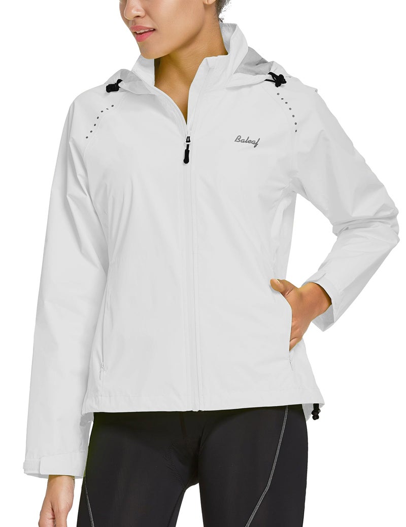 baleaf Women's Rain Jackets Waterproof Windbreaker Windproof Lightweight Running Cycling Jackets Reflective Packable Hooded White M - Image 2