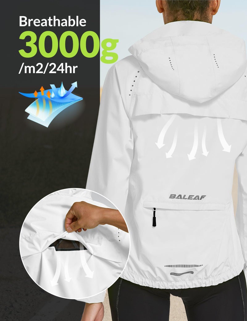 baleaf Women's Rain Jackets Waterproof Windbreaker Windproof Lightweight Running Cycling Jackets Reflective Packable Hooded White M - Image 5
