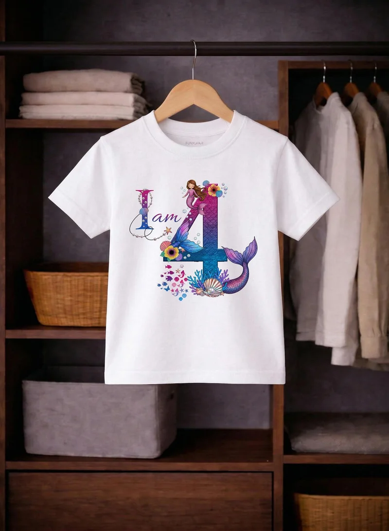 Funkaar Mermaid 4th Birthday T-Shirt for Girls | "I Am 4" Design | Soft Combed Cotton