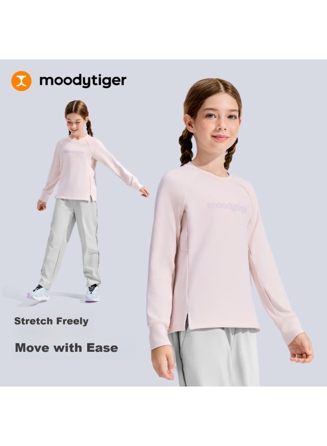 Moodytiger Girls' Long Sleeve T-shirt Moisture-wicking Breathable Winter New Kids' Warm Crew Neck Raglan Sleeve Sportswear - Image 2