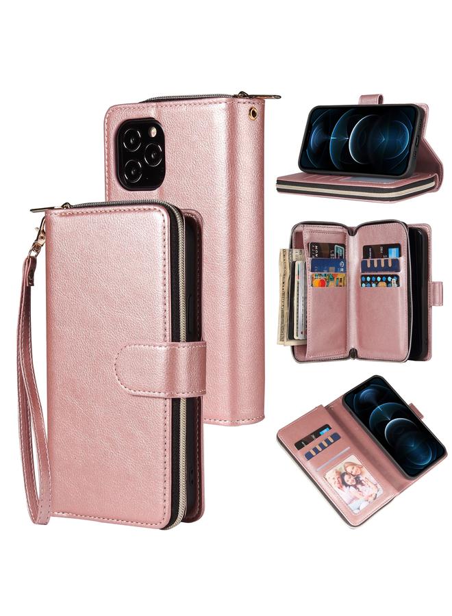 زبون جراب لهاتف iPhone 12 Pro Max، حقيبة محفظة بسحاب، جراب جلدي PU قلاب أفقي مع حامل و9 فتحات للبطاقات ومحفظة وحبل وإطار صورة - Image 1