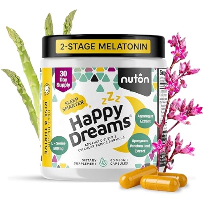 Nuton Happy Dreams Natural Sleep Aid Supplement & Cellular Vitality - Melatonin Sleep Aid for Adults, Time Release Formula with ETAS Asparagus, L-Serine and Venetron Extract, 60 Veggie Capsules - Image 1