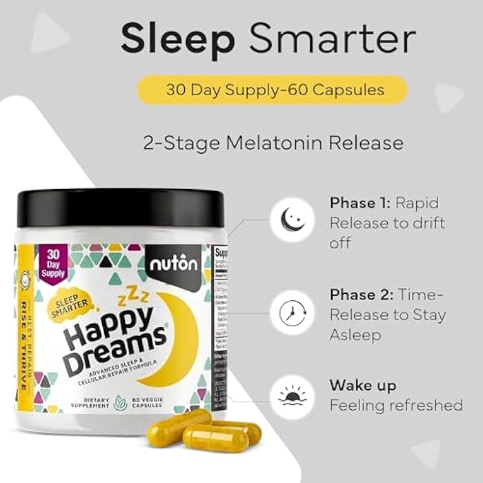 Nuton Happy Dreams Natural Sleep Aid Supplement & Cellular Vitality - Melatonin Sleep Aid for Adults, Time Release Formula with ETAS Asparagus, L-Serine and Venetron Extract, 60 Veggie Capsules - Image 2