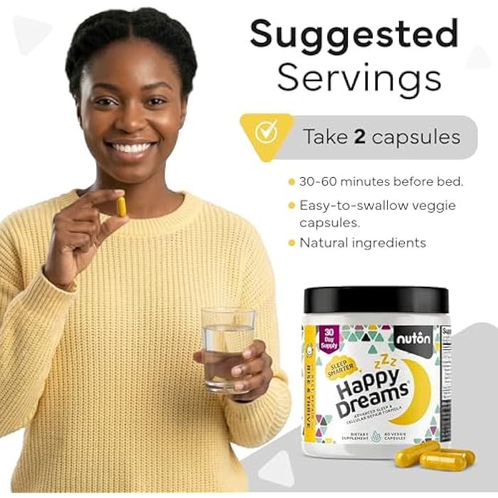 Nuton Happy Dreams Natural Sleep Aid Supplement & Cellular Vitality - Melatonin Sleep Aid for Adults, Time Release Formula with ETAS Asparagus, L-Serine and Venetron Extract, 60 Veggie Capsules - Image 4