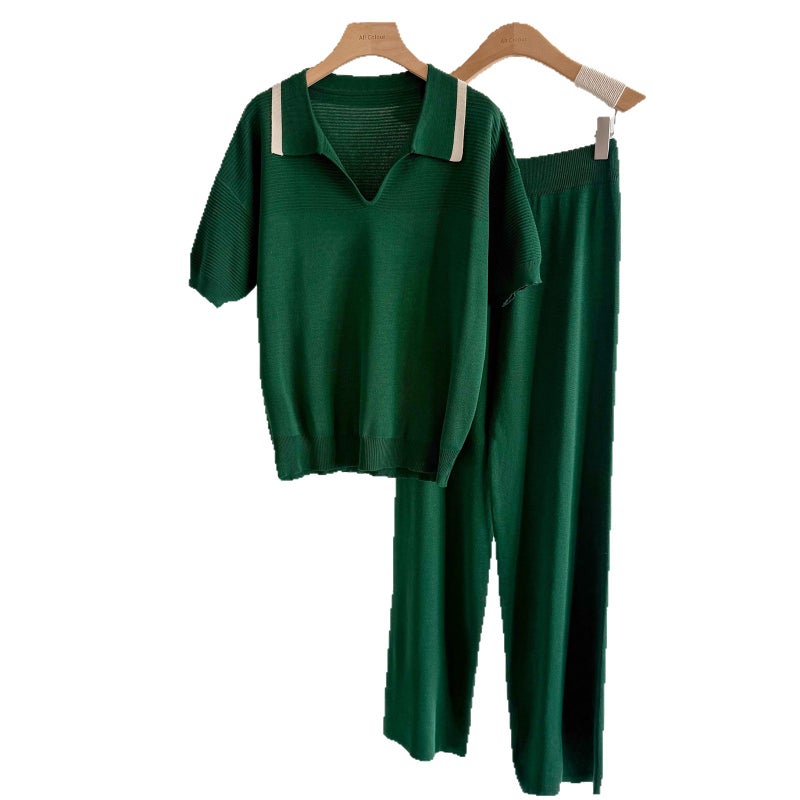 Fashion Two-Piece Set Short Sleeve Knit Top with High-Waist Wide-Leg Pants - Image 5