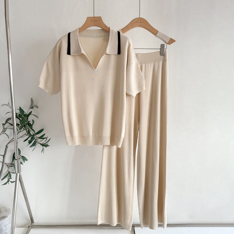 Fashion Two-Piece Set Short Sleeve Knit Top with High-Waist Wide-Leg Pants - Image 3