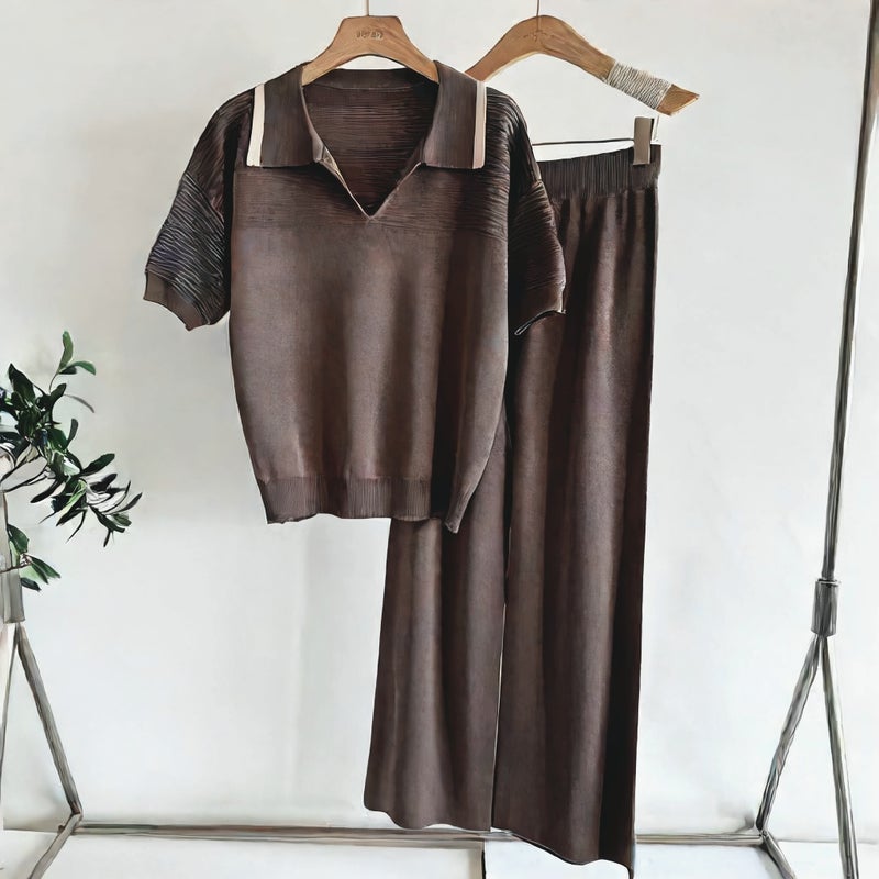 Fashion Two-Piece Set Short Sleeve Knit Top with High-Waist Wide-Leg Pants - Image 4