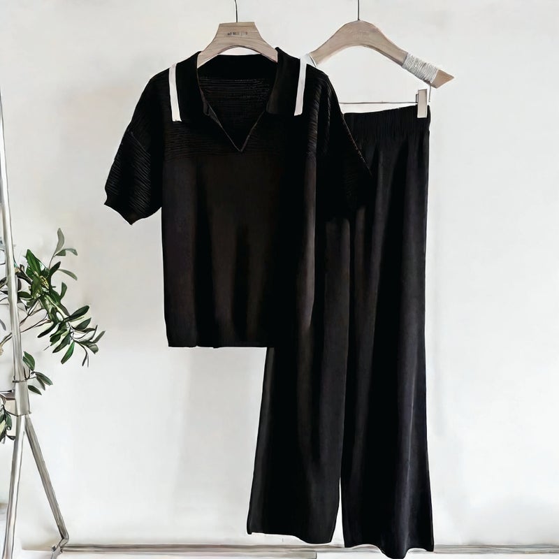 Fashion Two-Piece Set Short Sleeve Knit Top with High-Waist Wide-Leg Pants - Image 2