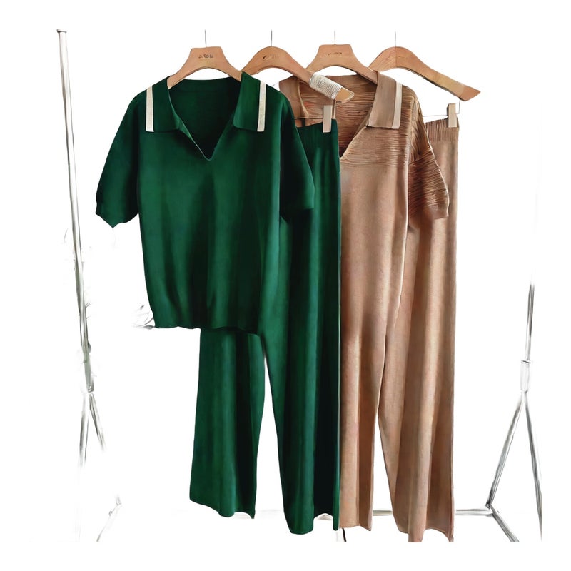 Fashion Two-Piece Set Short Sleeve Knit Top with High-Waist Wide-Leg Pants - Image 1