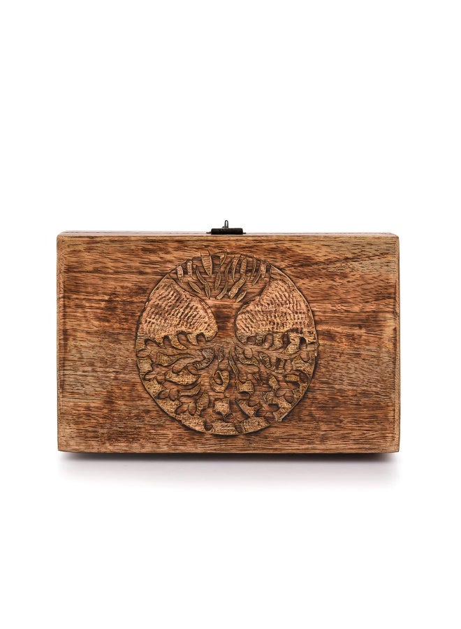 Handmade Mango Wood Tree of Life Carved Jewelry Storage Box, Flame Processed - Image 1