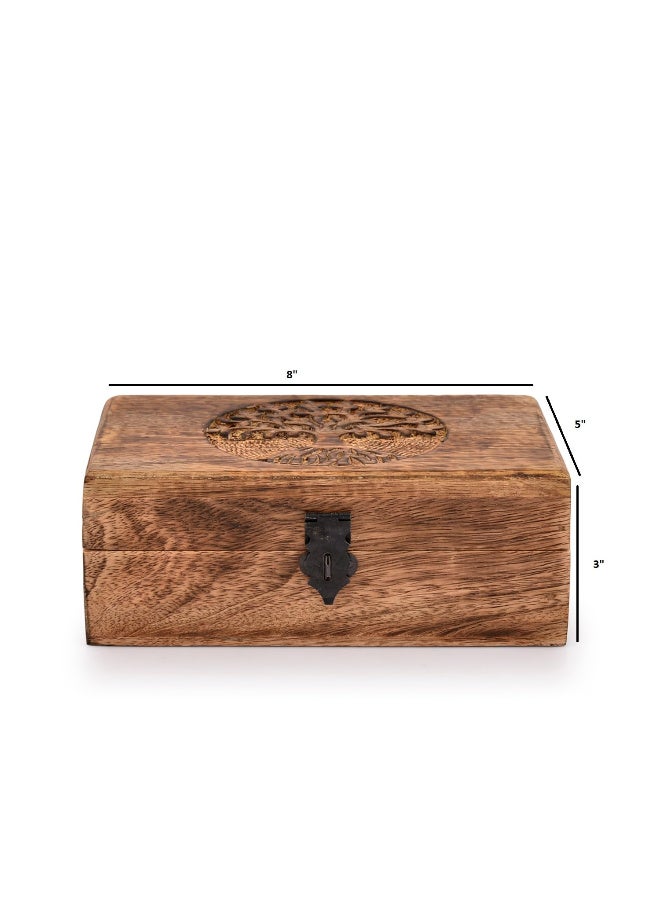 Handmade Mango Wood Tree of Life Carved Jewelry Storage Box, Flame Processed - Image 4